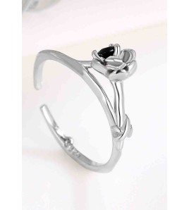 LDR24363 S925純銀黑鑽花朵開口戒指
