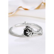 LDR24363 S925純銀黑鑽花朵開口戒指