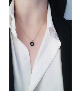 LDR24374-2 S925純銀黑色愛心方牌圓珠鏈款項鏈