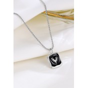 LDR24374-2 S925純銀黑色愛心方牌圓珠鏈款項鏈