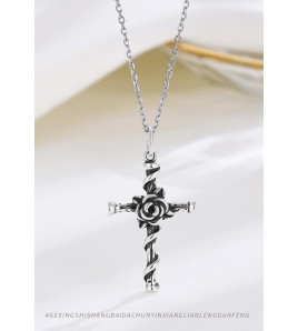 LDR24379 S925純銀復古玫瑰花十字架項鏈