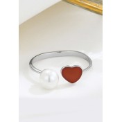 LDR9206 S925純銀珍珠紅色愛心開口戒指