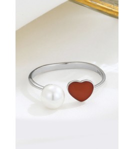 LDR9206 S925純銀珍珠紅色愛心開口戒指