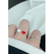 LDR9206 S925純銀珍珠紅色愛心開口戒指