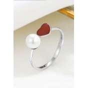 LDR9206 S925純銀珍珠紅色愛心開口戒指
