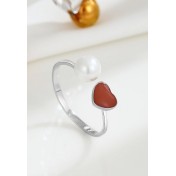 LDR9206 S925純銀珍珠紅色愛心開口戒指