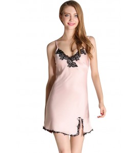 LCL9513歐洲時尚女士仿真絲性感吊帶花邊睡裙 杏色
