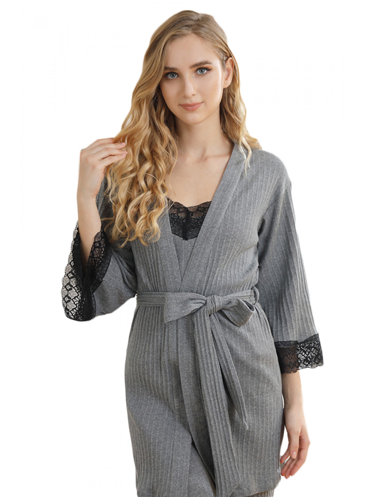 LCB8038-女士居家休閒睡衣三件套-灰色