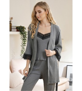 LCB8038-女士居家休閒睡衣三件套-灰色