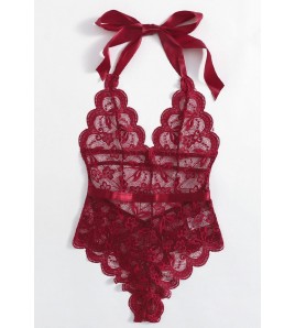 LDB4186-女士一件式性感蕾絲連體衣睡衣 (紅色)