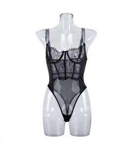 LSFA110FJR1035 新款夏季女裝蕾絲開檔鏤空拼接吊帶鋼圈塑身連體衣