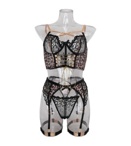 LSFA110FWK1034 刺繡接拼豹紋網紗時尚撞色性感情趣內衣四五件套裝