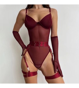 LSFA110GKB1006 新款女情趣網紗含手套腰帶吊襪扣開檔暗扣塑身連體衣