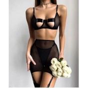 LSFA110GNI1011 新款網紗復雜工藝褲腰裙吊襪扣情趣內衣帶鋼圈聚攏三件套