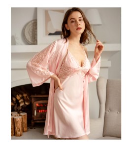 LCLN112100125 春夏新款女式蕾絲睡衣套裝性感吊帶睡裙兩件絲綢睡袍女夏