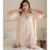 LCLN112100131 春夏季性感睡袍女緞面睡衣透氣蕾絲睡袍性感吊帶睡裙兩件套