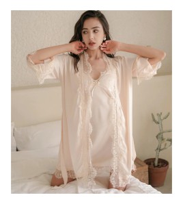 LCLN112100131 春夏季性感睡袍女緞面睡衣透氣蕾絲睡袍性感吊帶睡裙兩件套