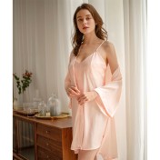 LCLN112100133 新款女式露背性感吊帶睡裙兩件套絲綢睡衣女夏季薄款睡袍
