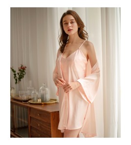 LCLN112100133 新款女式露背性感吊帶睡裙兩件套絲綢睡衣女夏季薄款睡袍