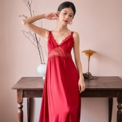 LCLN112100138 新款鏤空性感吊帶睡裙女士長款春夏睡衣薄款仿真絲透氣睡裙