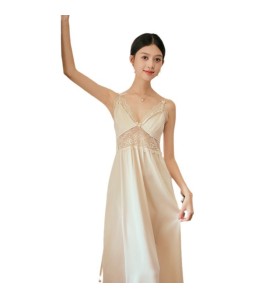 LCLN112100138 新款鏤空性感吊帶睡裙女士長款春夏睡衣薄款仿真絲透氣睡裙