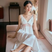 LCLN112100138 新款鏤空性感吊帶睡裙女士長款春夏睡衣薄款仿真絲透氣睡裙