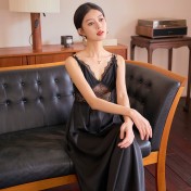 LCLN112100138 新款鏤空性感吊帶睡裙女士長款春夏睡衣薄款仿真絲透氣睡裙