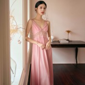 LCLN112100138 新款鏤空性感吊帶睡裙女士長款春夏睡衣薄款仿真絲透氣睡裙