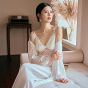 LCLN112100140 性感鏤空睡裙睡袍兩件套春夏新款女士薄款睡袍長款吊帶睡裙