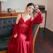 LCLN112100140 性感鏤空睡裙睡袍兩件套春夏新款女士薄款睡袍長款吊帶睡裙