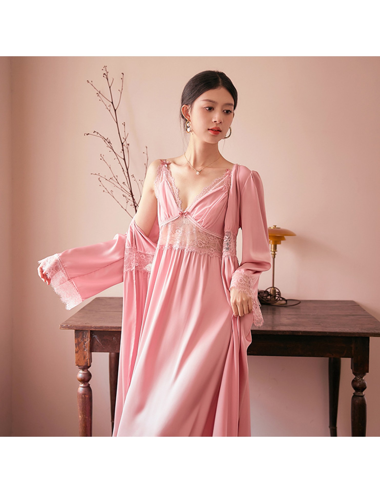 LCLN112100140 性感鏤空睡裙睡袍兩件套春夏新款女士薄款睡袍長款吊帶睡裙