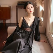 LCLN112100140 性感鏤空睡裙睡袍兩件套春夏新款女士薄款睡袍長款吊帶睡裙