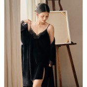 LCLN112100143 秋冬新品金絲絨睡袍兩件套冬季女士保暖睡衣性感吊帶睡裙女