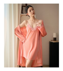 LCLN112100143 秋冬新品金絲絨睡袍兩件套冬季女士保暖睡衣性感吊帶睡裙女