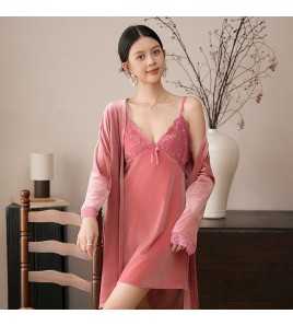 LCLN112100144 秋冬新款帶胸墊性感吊帶睡裙兩件套金絲絨保暖睡袍女套裝