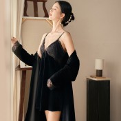 LCLN112100144 秋冬新款帶胸墊性感吊帶睡裙兩件套金絲絨保暖睡袍女套裝