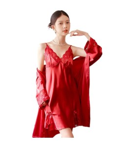 LCLN112100147 春夏季新款性感吊帶胸墊睡裙睡袍兩件套女士性感睡衣套裝女