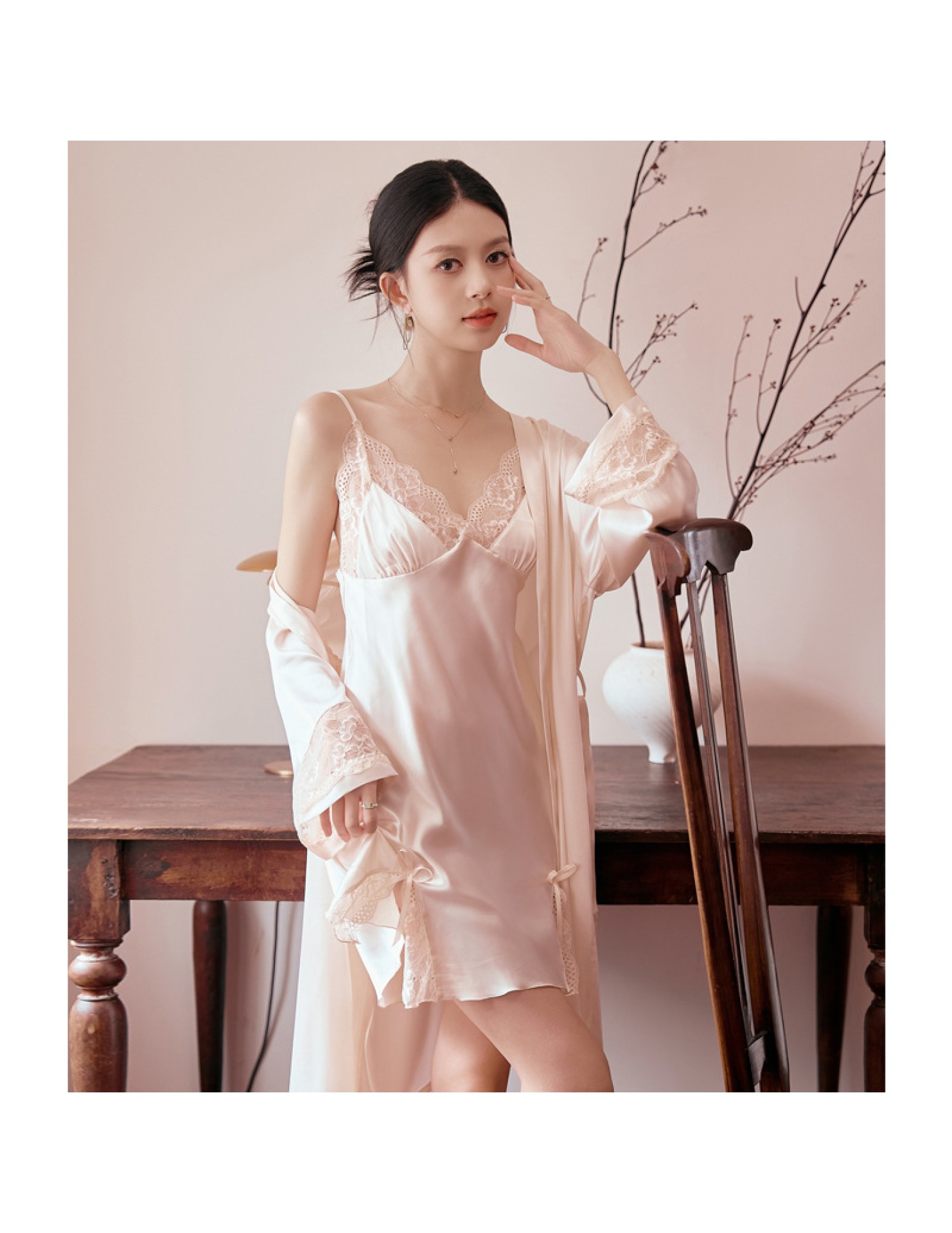 LCLN112100147 春夏季新款性感吊帶胸墊睡裙睡袍兩件套女士性感睡衣套裝女