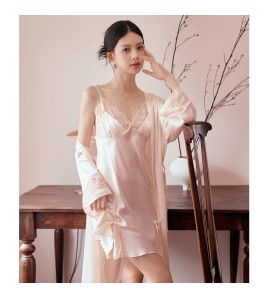 LCLN112100147 春夏季新款性感吊帶胸墊睡裙睡袍兩件套女士性感睡衣套裝女