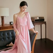 LCLN112100148 春夏季新款女士性感吊帶睡裙女兩件套薄款長袖睡袍套裝透氣