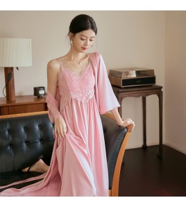 LCLN112100148 春夏季新款女士性感吊帶睡裙女兩件套薄款長袖睡袍套裝透氣