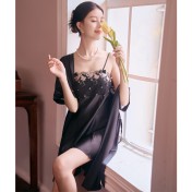 LCLN112100149 性感吊帶睡裙睡袍兩件套女夏絲綢薄款透氣睡袍套裝四季可穿