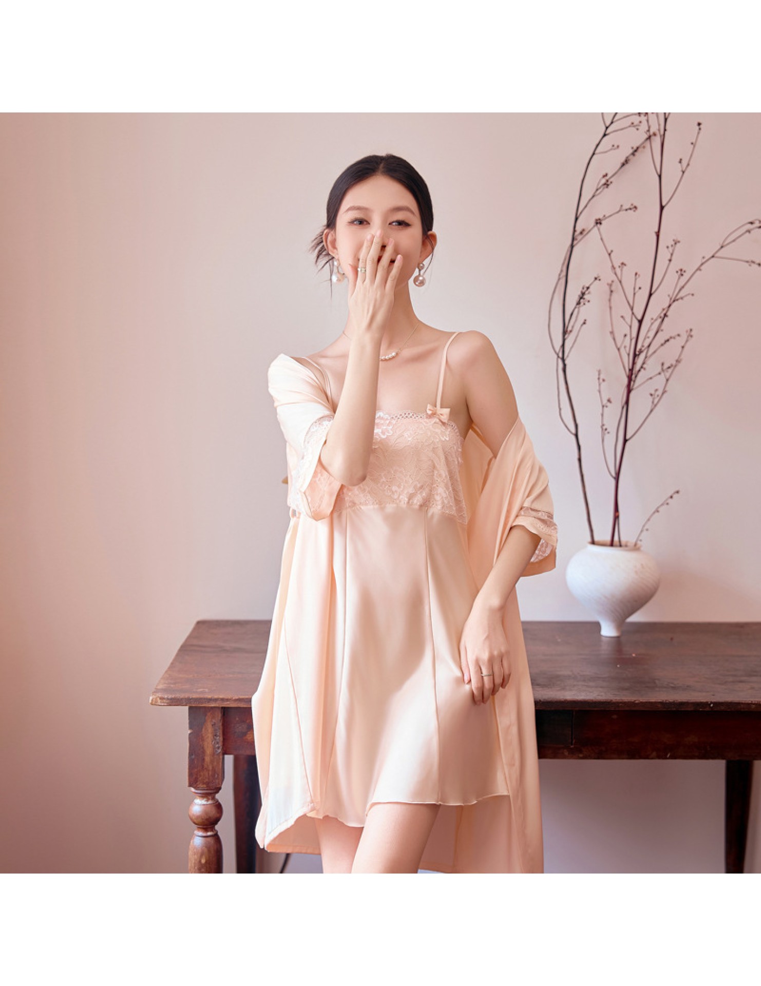 LCLN112100149 性感吊帶睡裙睡袍兩件套女夏絲綢薄款透氣睡袍套裝四季可穿