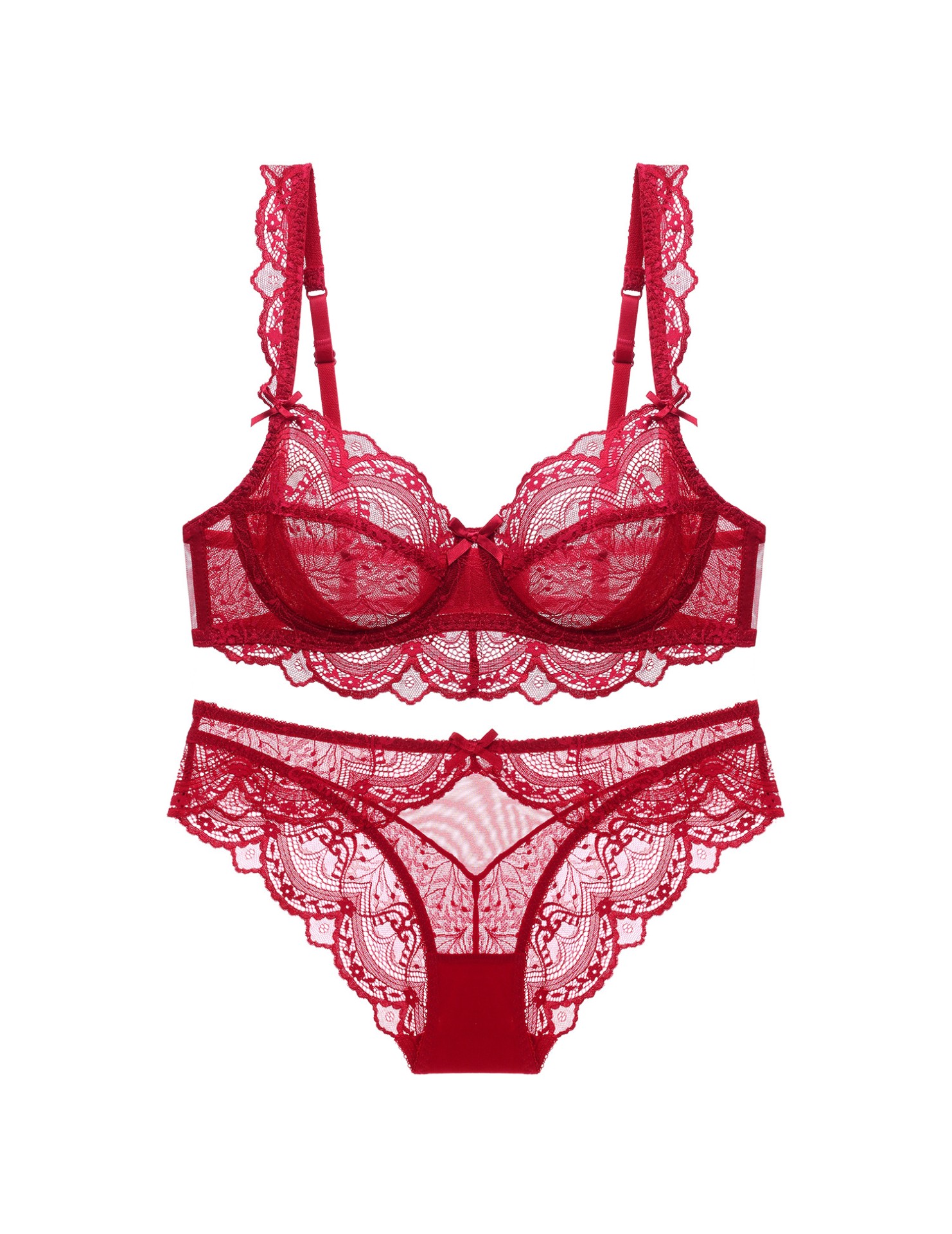 WLMZ113100001 法式蕾絲內衣女超薄無海綿性感內衣套裝大胸顯小防下垂上托文胸罩