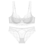 WLMZ113100001 法式蕾絲內衣女超薄無海綿性感內衣套裝大胸顯小防下垂上托文胸罩