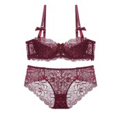 WLMZ113100059 法式內衣大胸顯小防下垂大碼性感內衣薄棉半杯透氣蕾絲文胸罩