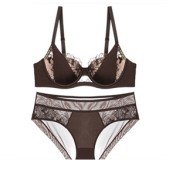 WLMZ113100063 性感蕾絲內衣法式薄款撞色接拼大碼內衣大胸顯小防下垂文胸罩