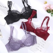 WLMZ113100068 法式內衣超薄透明蕾絲性感內衣大胸顯小防下垂上托文胸罩