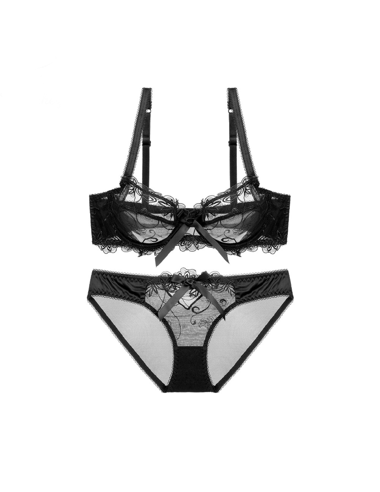 WLMZ113100071 性感蕾絲內衣法式超薄蝴蝶結網紗大碼內衣大胸顯小防下垂文胸