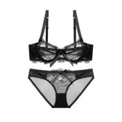 WLMZ113100071 性感蕾絲內衣法式超薄蝴蝶結網紗大碼內衣大胸顯小防下垂文胸